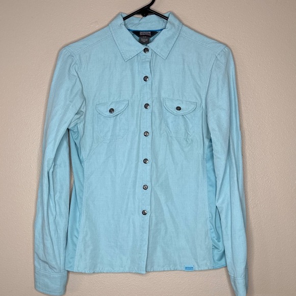 Outdoor Research insect shield Teal long sleeve pockets Button Up‎ Women's S/P - Picture 1 of 8